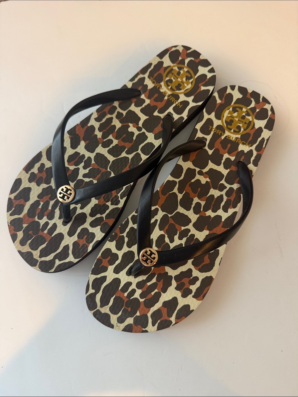Tory Burch Leopard-Print Flip Flop Sandals with Black Straps
